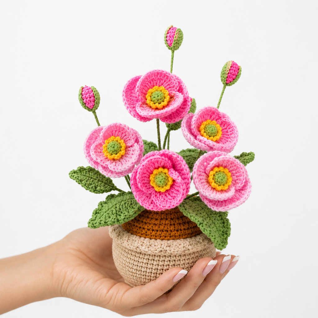 Handheld crocheted pink poppies in beige yarn pot with green leaves