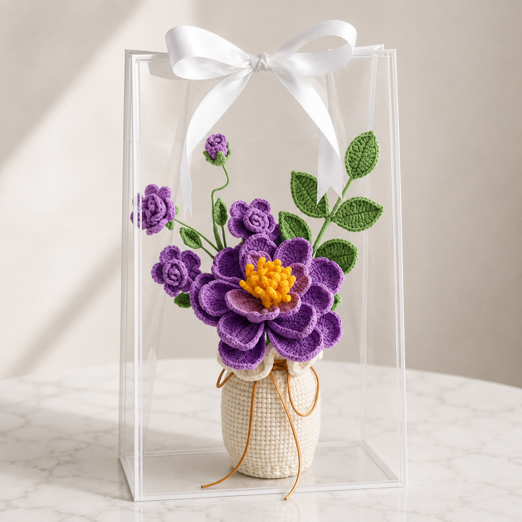 Handmade Crochet Purple Peony & Rose Vase Arrangement Joy Blooms London