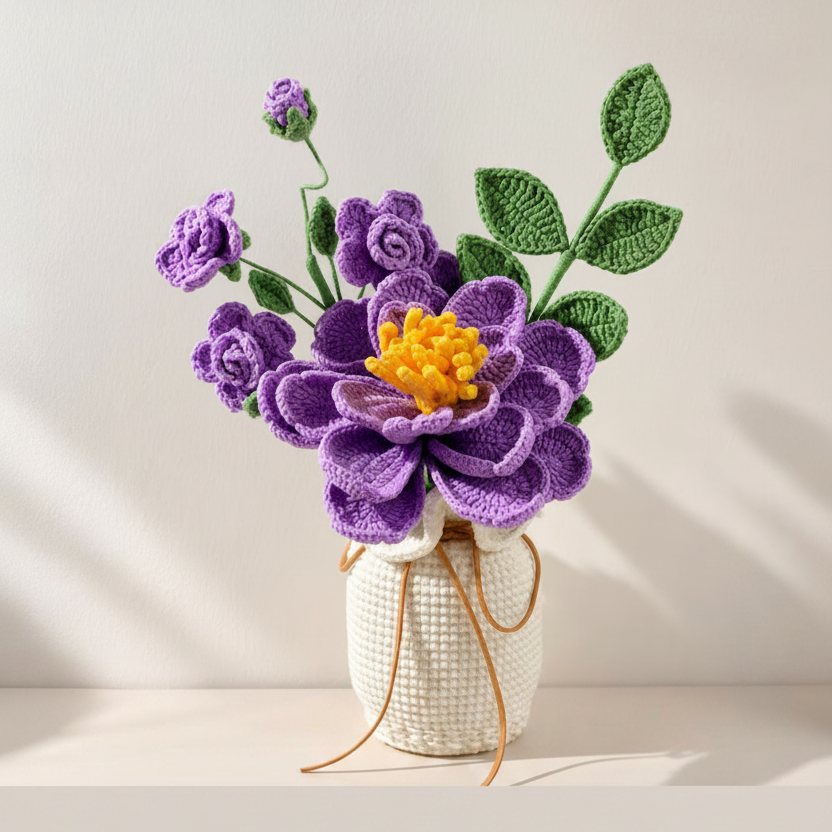 Handmade Crochet Purple Peony & Rose Vase Arrangement Joy Blooms London