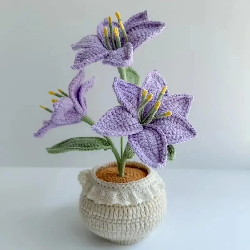 Handmade Crochet Red Blooms with Green Leaves Potted Plant Joy Blooms London