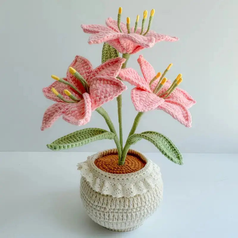 Handmade Crochet Red Blooms with Green Leaves Potted Plant Joy Blooms London