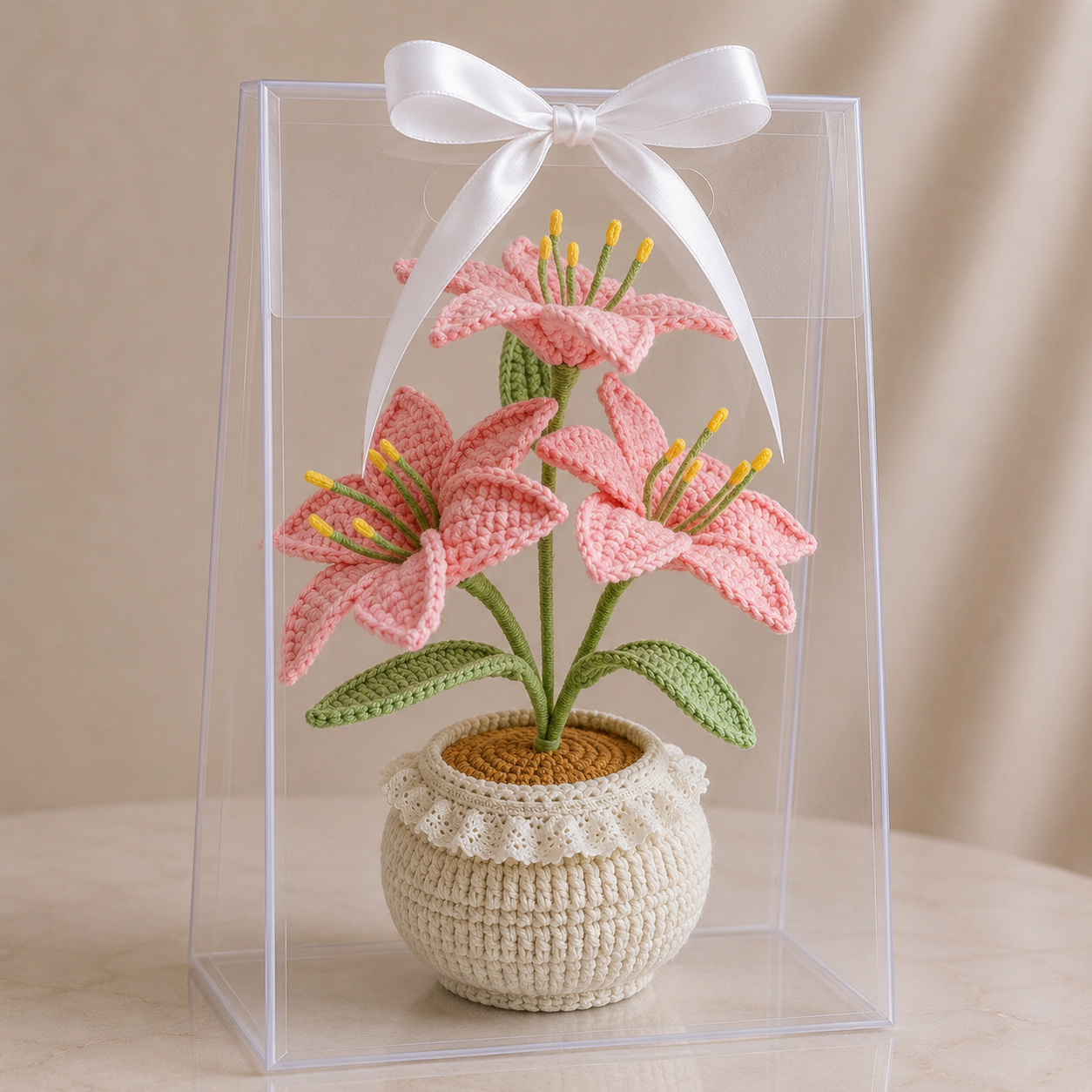 Handmade Crochet Red Blooms with Green Leaves Potted Plant Joy Blooms London