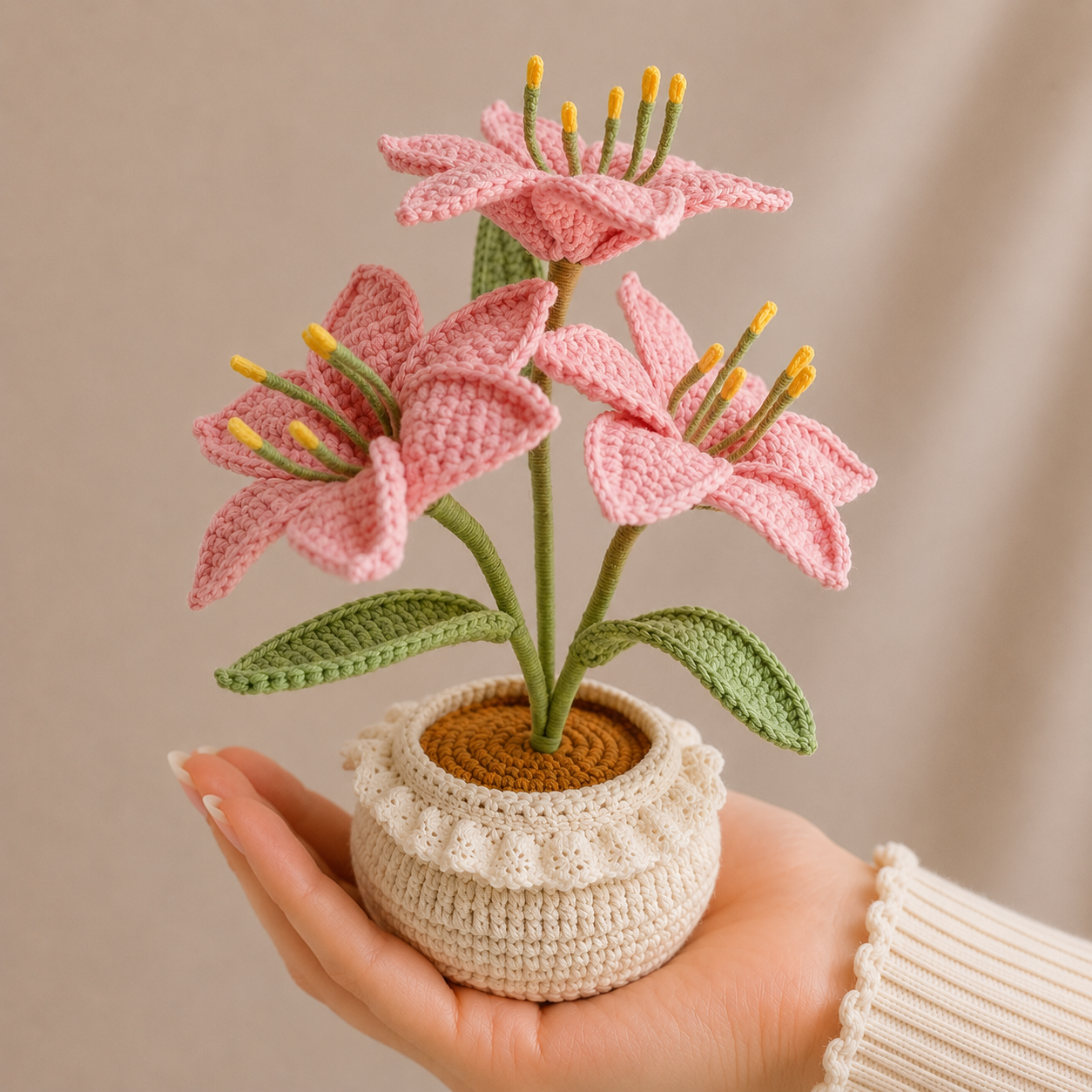 Handmade Crochet Red Blooms with Green Leaves Potted Plant Joy Blooms London