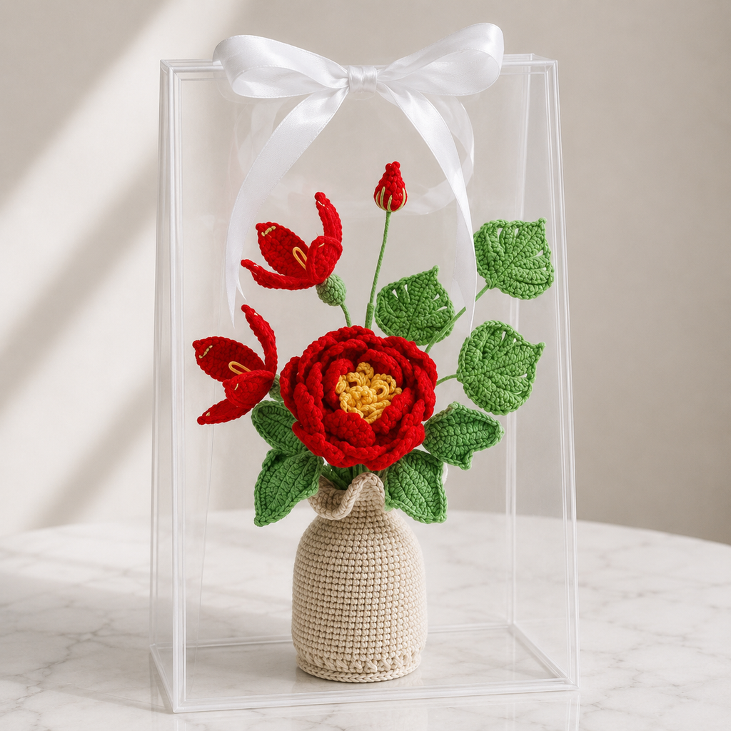 Handmade Crochet Red Peony & Lily Vase Arrangement Joy Blooms London