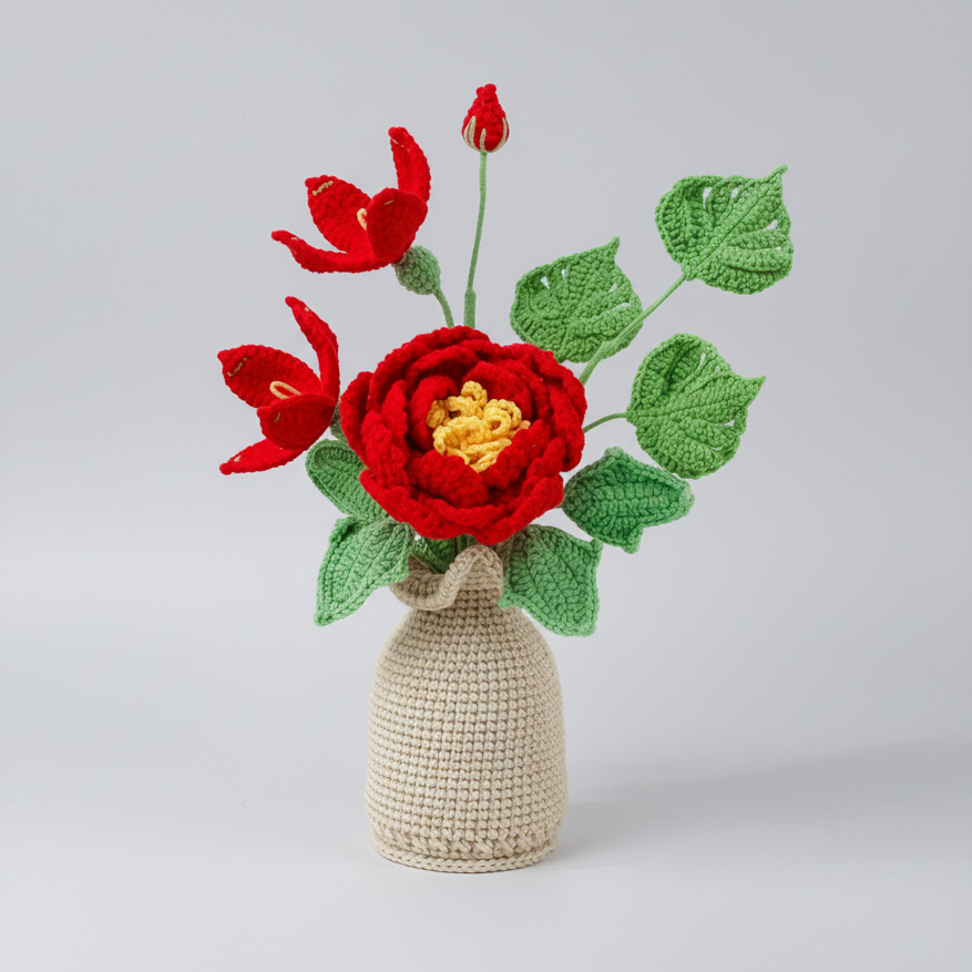 Handmade Crochet Red Peony & Lily Vase Arrangement Joy Blooms London