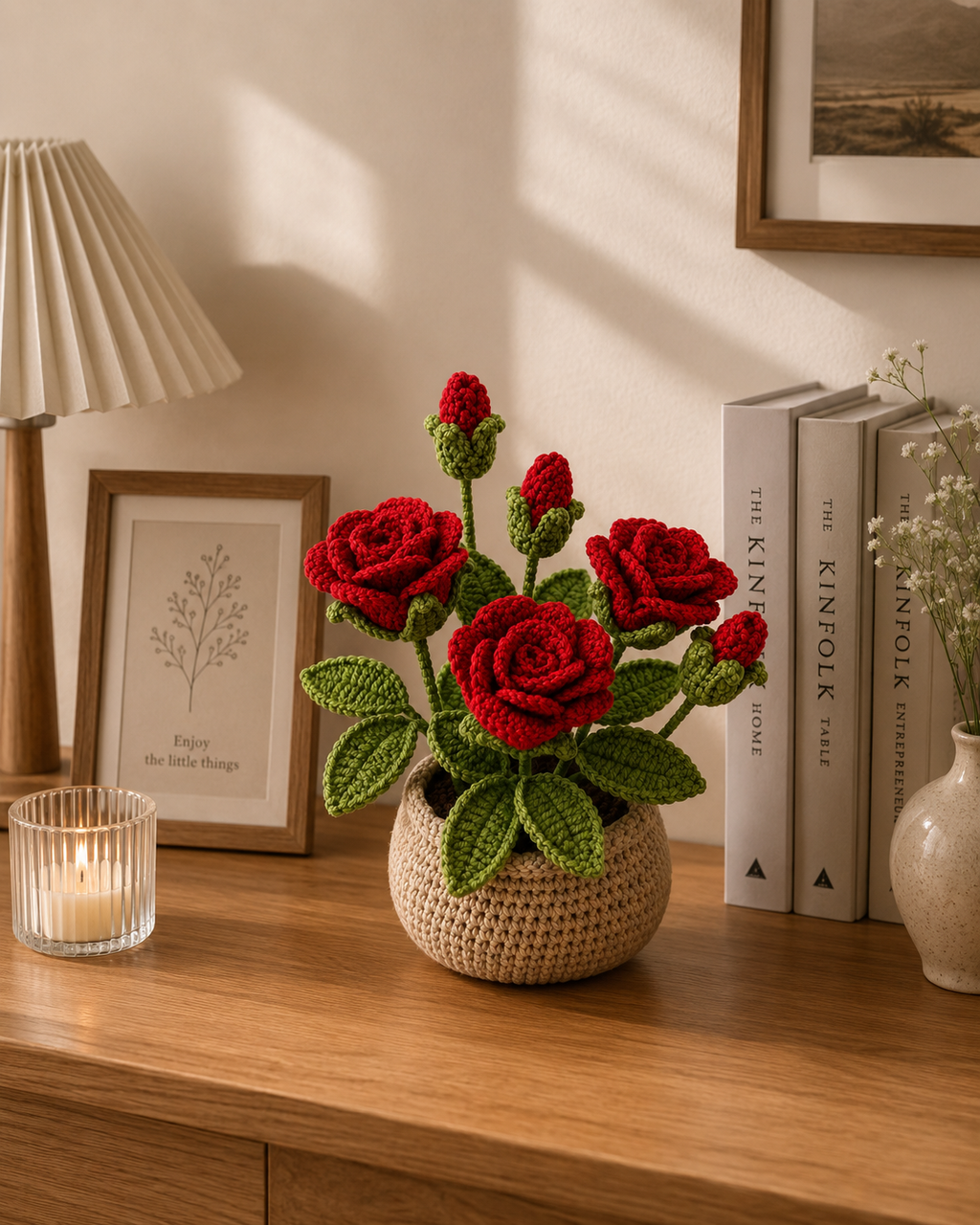 Handmade Crochet Red Roses Potted Plant Joy Blooms London