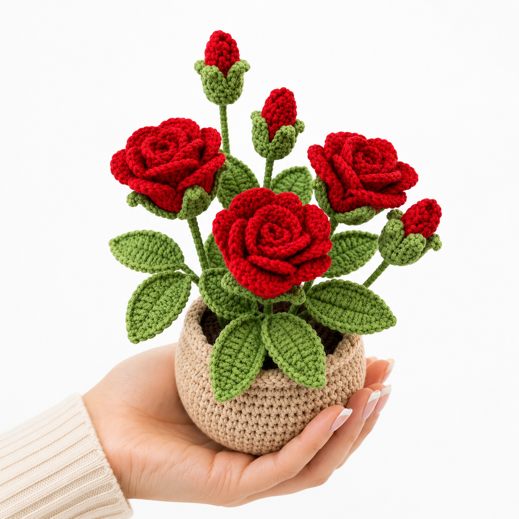 Handmade Crochet Red Roses Potted Plant Joy Blooms London