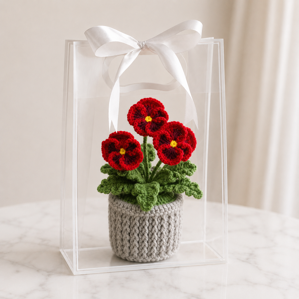 Handmade Crochet Red Violet Potted Plant Joy Blooms London