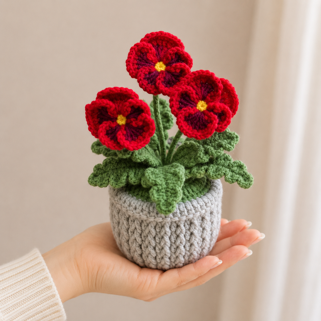 Handmade Crochet Red Violet Potted Plant Joy Blooms London
