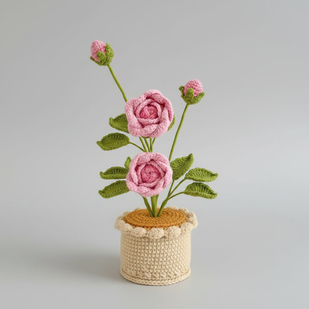 Crochet rose flower in beige pot with three pink blooms and green leaves