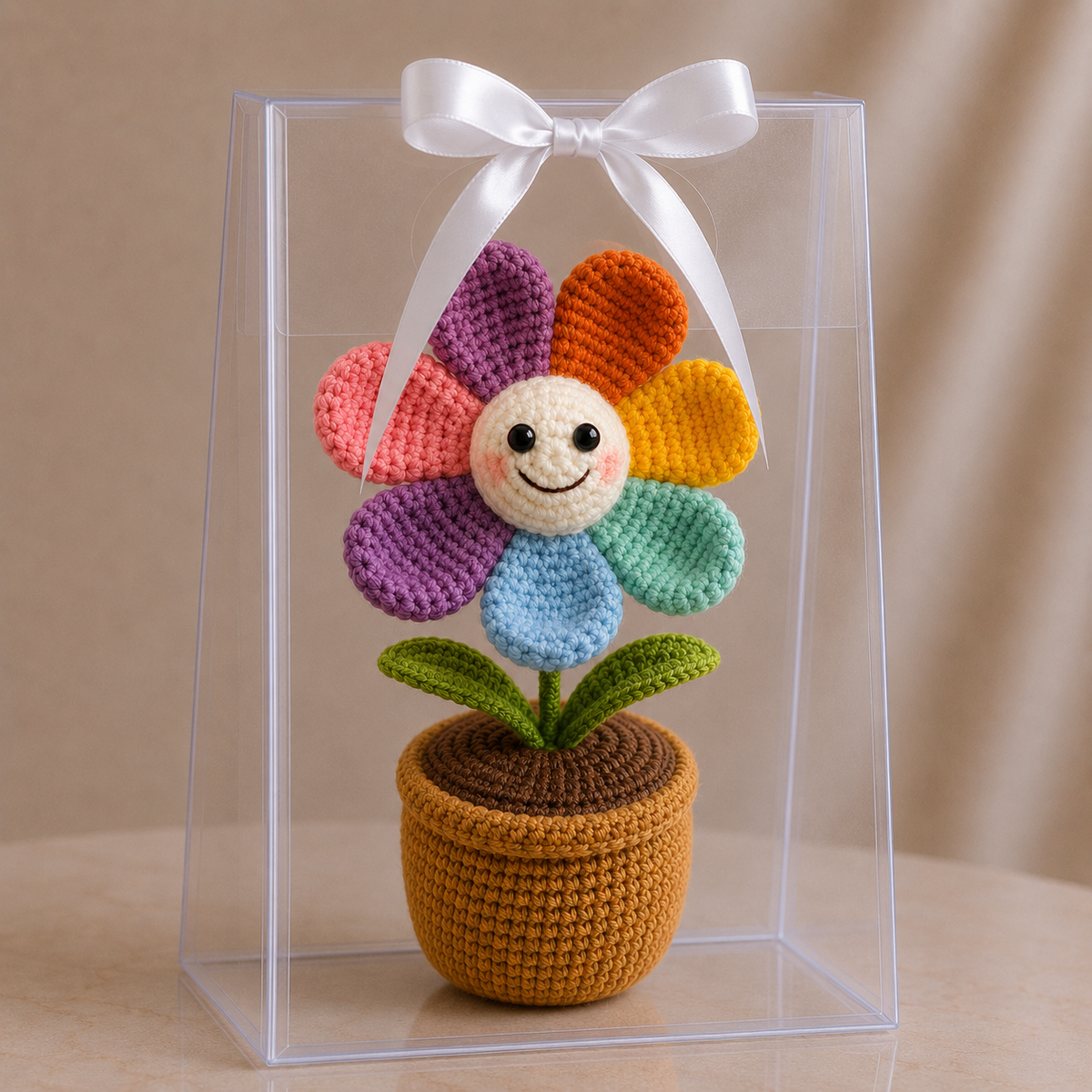 Crocheted smiling daisy flower in brown pot, presented in a clear box with bow