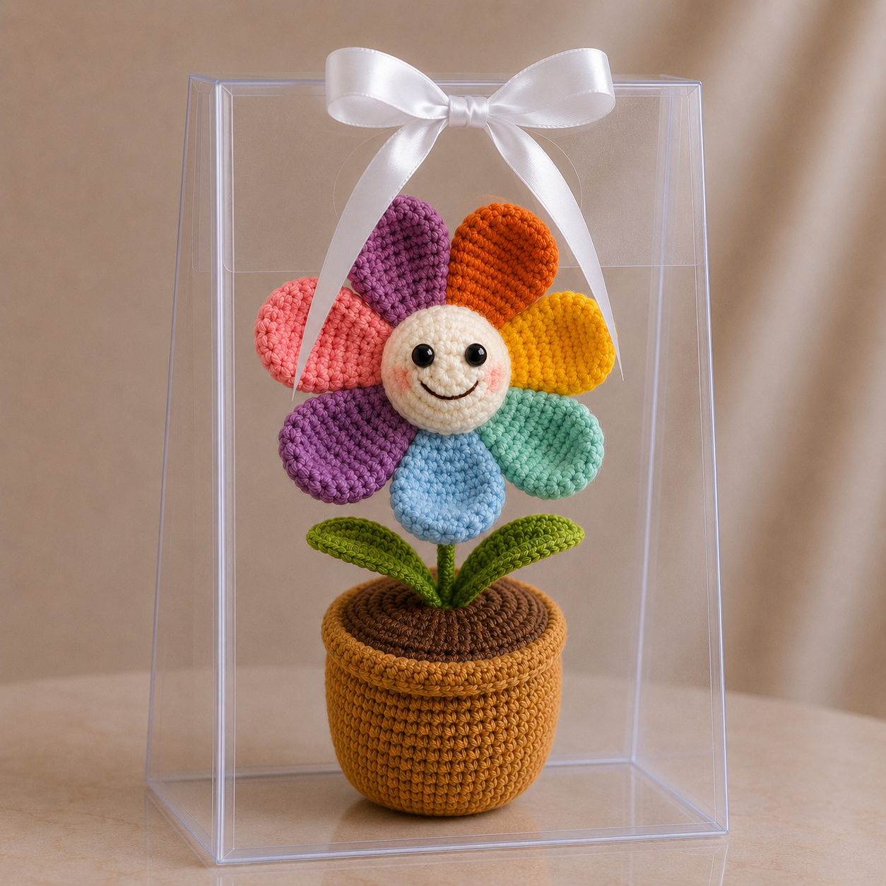 Handmade Crochet Smiling Daisy Flower – Colourful Amigurumi Pot Decor Joy Blooms London