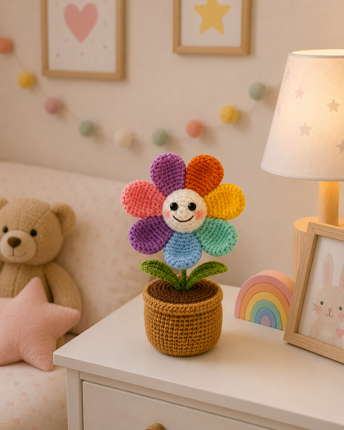 Crocheted smiling daisy amigurumi with rainbow petals in brown pot on a white shelf