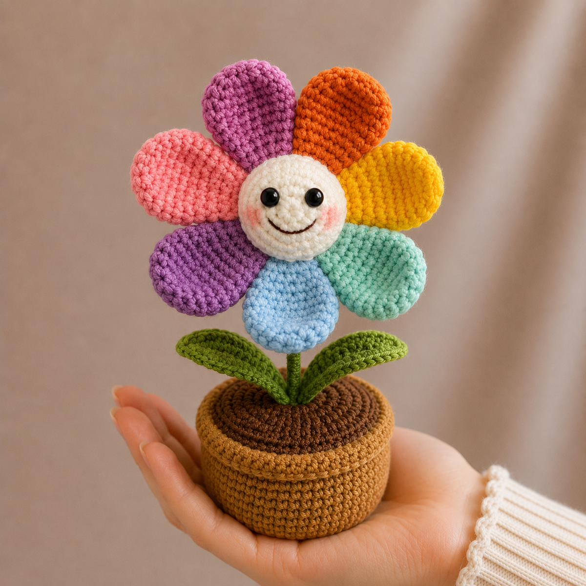 Crocheted daisy smiling flower with rainbow petals and green leaves in brown pot