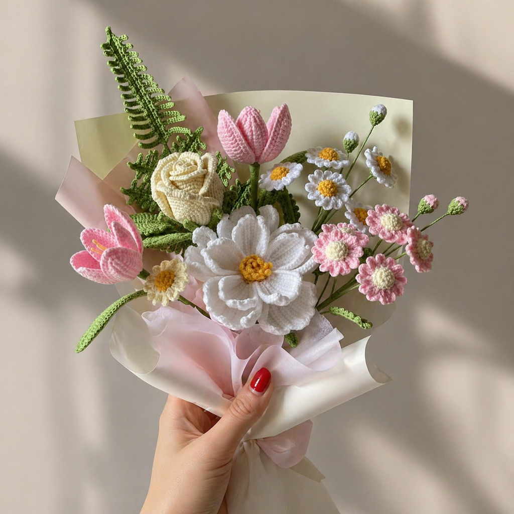 Handmade Crochet Spring Bouquet – Daisy, Tulip & Rose Forever Flowers Joy Blooms London