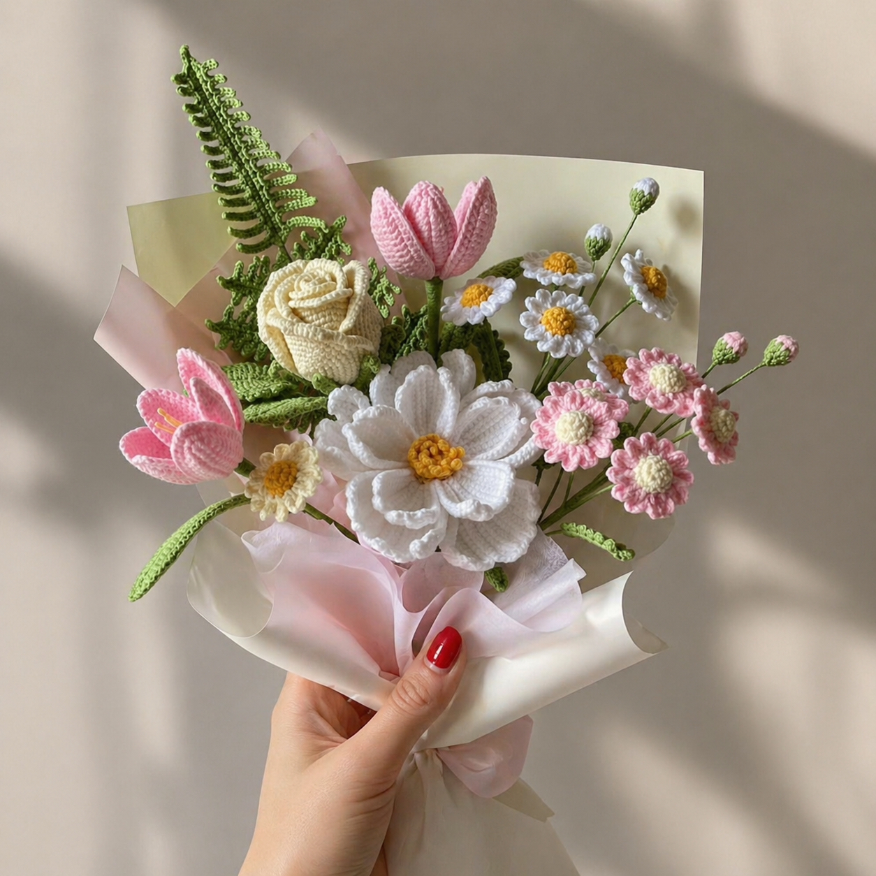 Handmade Crochet Spring Bouquet – Daisy, Tulip & Rose Forever Flowers Joy Blooms London