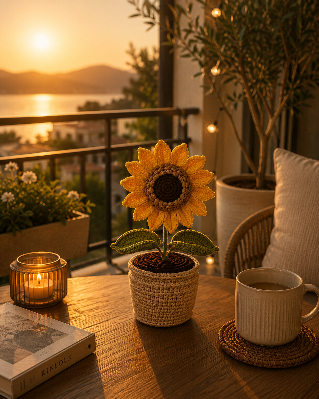 Crocheted sunflower plant in a woven pot on a table, side view.