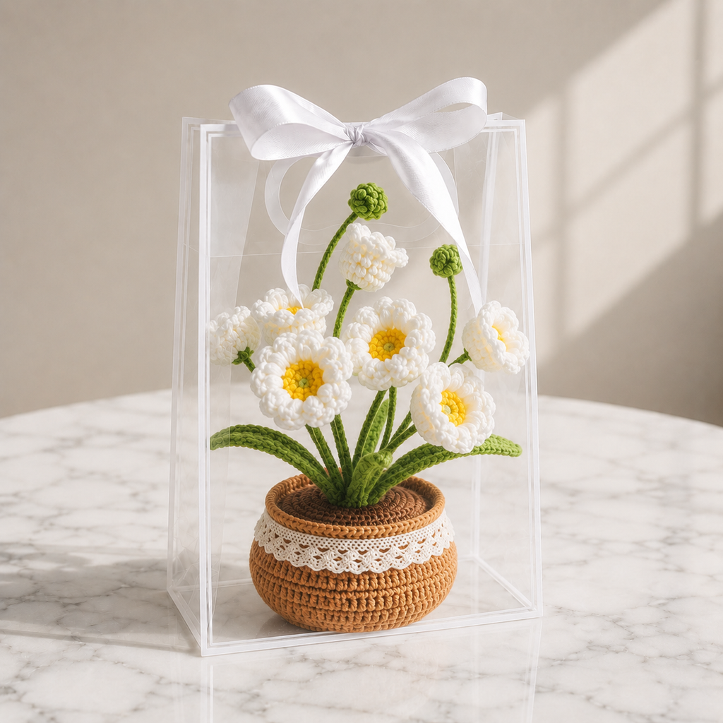 Handmade Crochet White Anemone Windflower Potted Plant Joy Blooms London