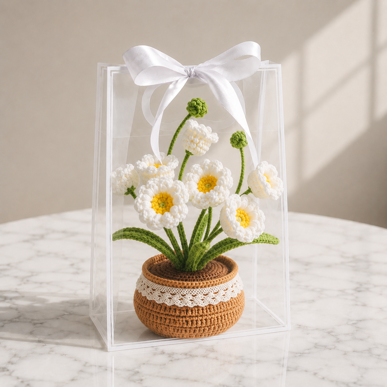 Handmade Crochet White Anemone Windflower Potted Plant Joy Blooms London