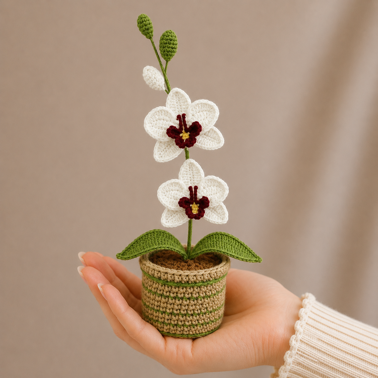 Handmade Crochet White-Purple Orchid in Pot – Amigurumi Potted Orchid Gift Joy Blooms London