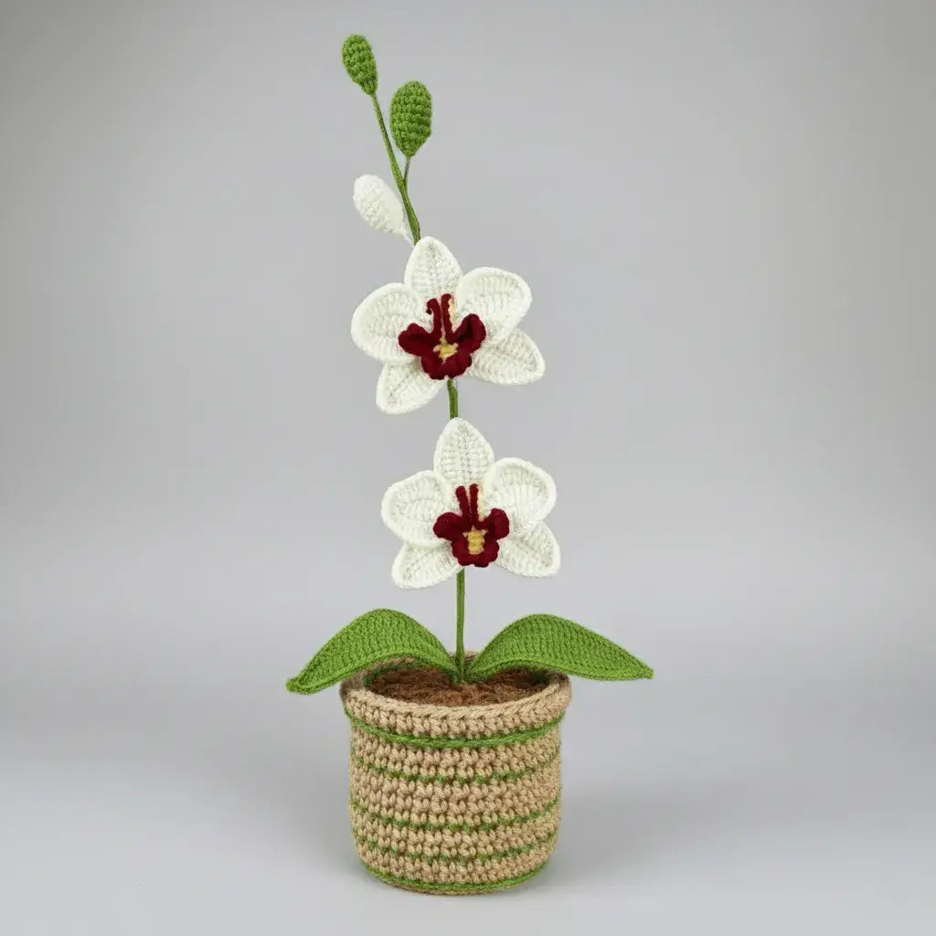 Handmade Crochet White-Purple Orchid in Pot – Amigurumi Potted Orchid Gift Joy Blooms London