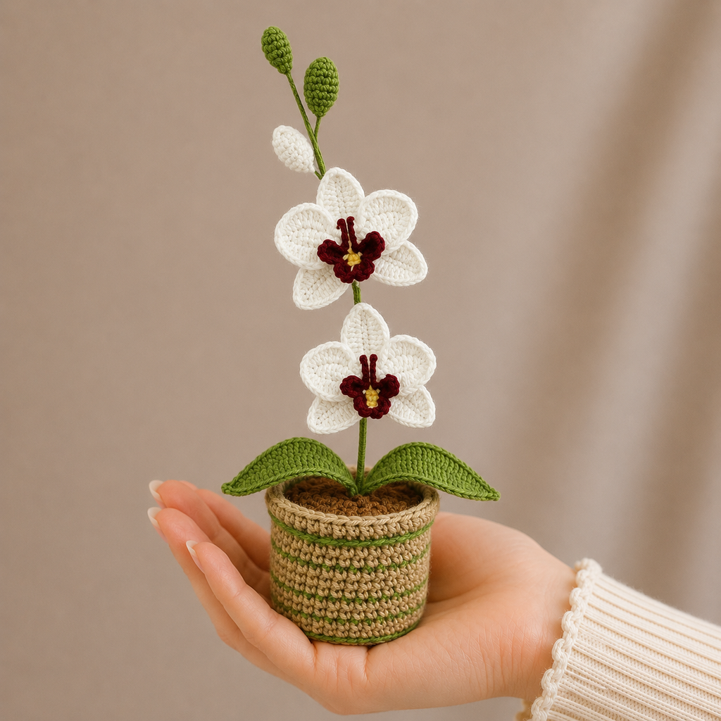 Handmade Crochet White-Purple Orchid in Pot – Amigurumi Potted Orchid Gift Joy Blooms London