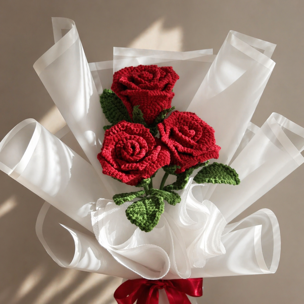 Handmade crocheted rose bouquet with red flowers, green leaves, white wrap, red satin bow