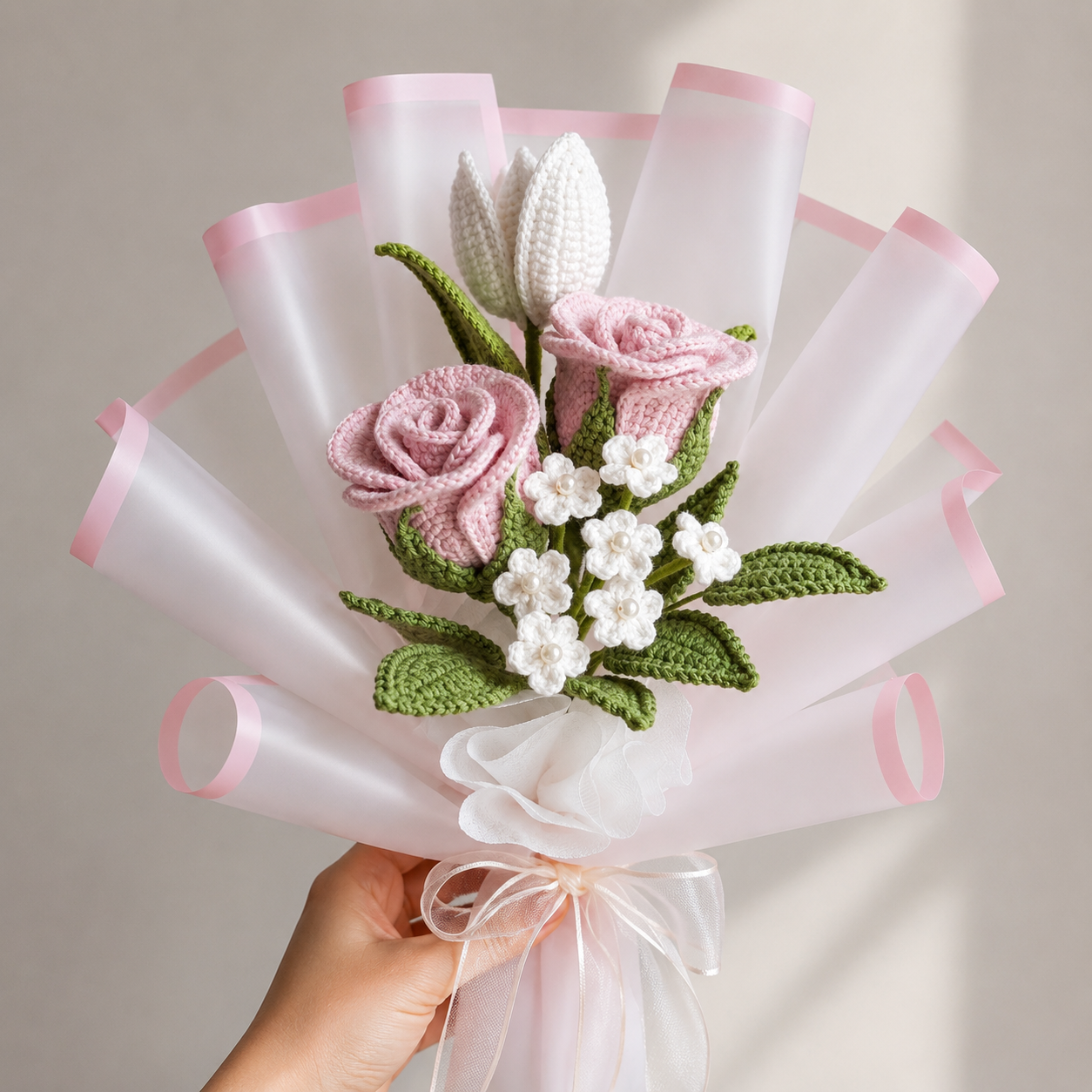 Handmade Pink Rose Crochet Flower Bouquet Joy Blooms London