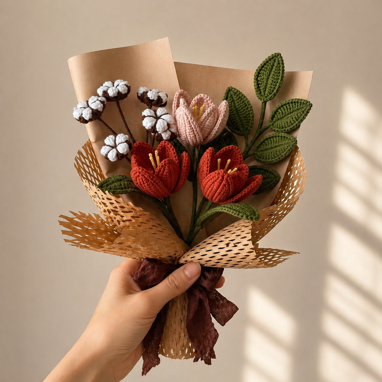 Luxury Handmade Crochet Tulip & Cotton Bouquet – Timeless Flower Gift Joy Blooms London